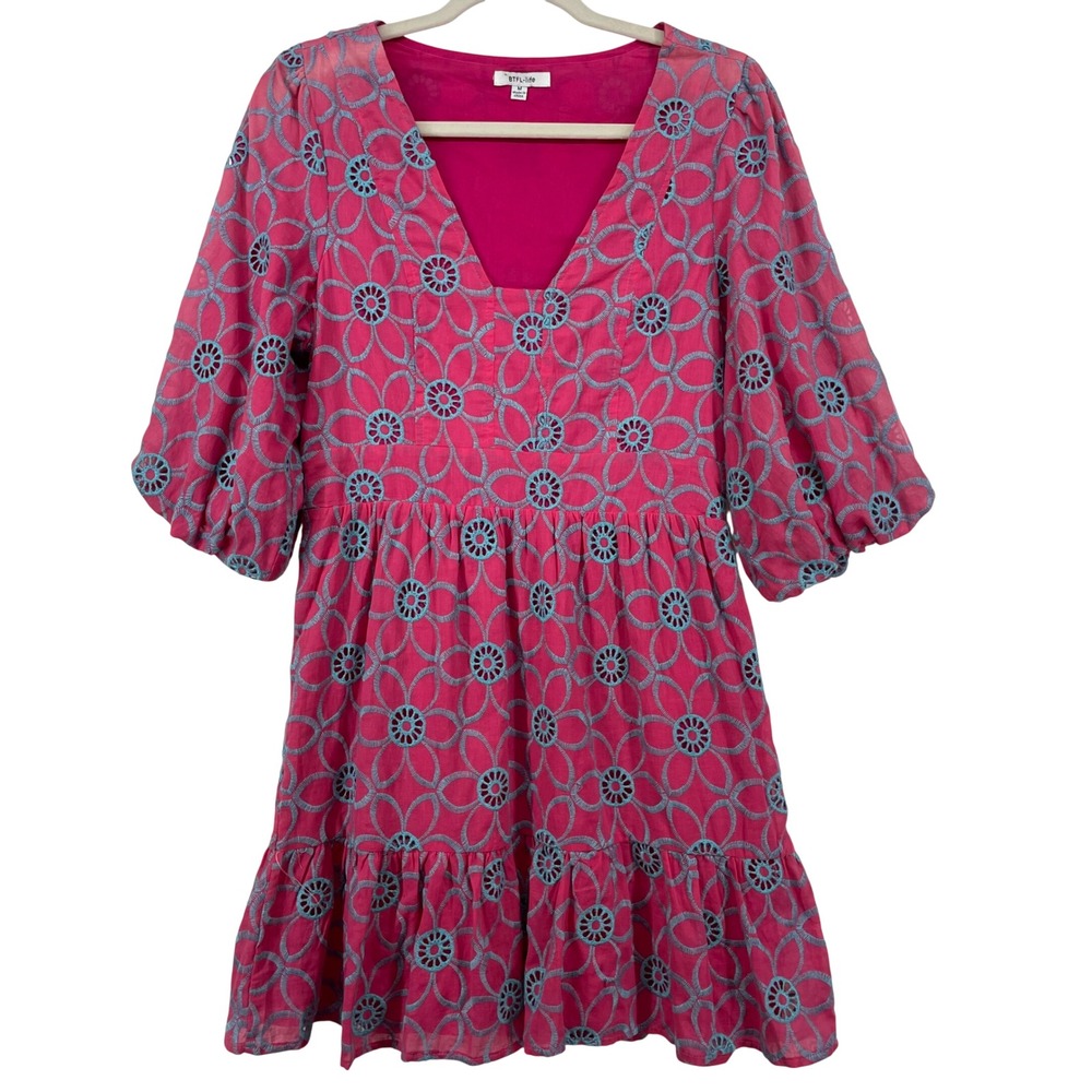 BTFL-life Size M Mini Dress Pink Blue‎ Floral Eyelet Puff Sleeve Tiered V-Neck